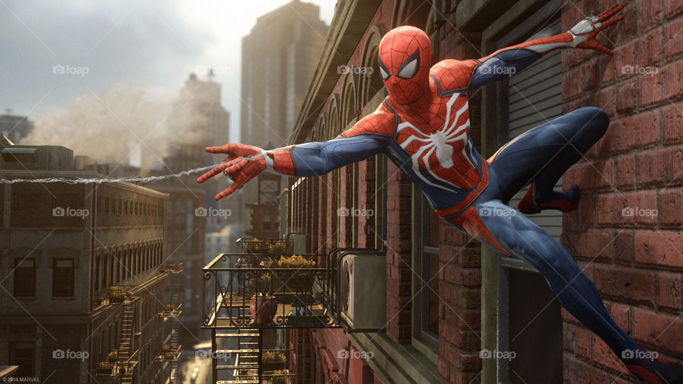 Super hero spider man shooting a web in the city of New York! 