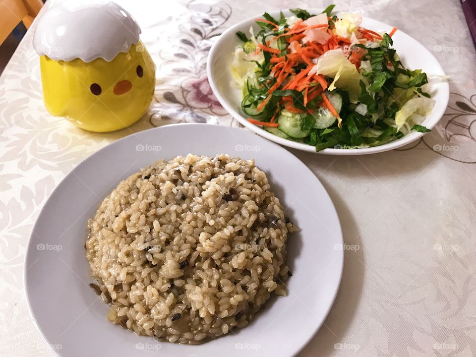 My lunch, mushroom risotto and salad.