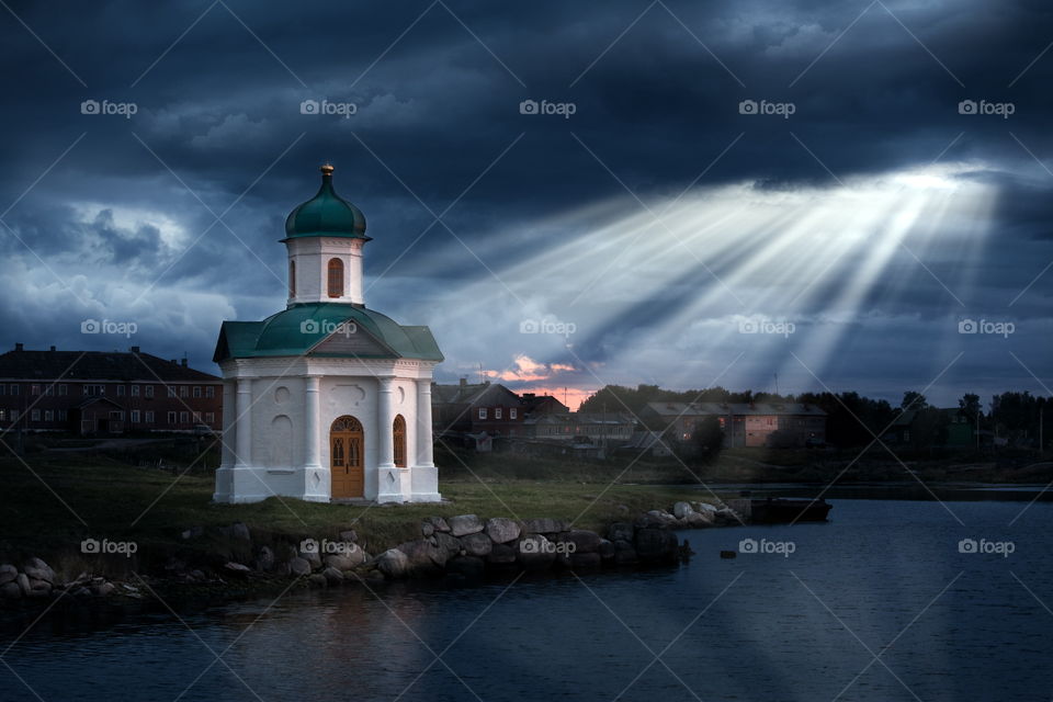 Russia, Solovki. Monastery. Chapel in last sunrays