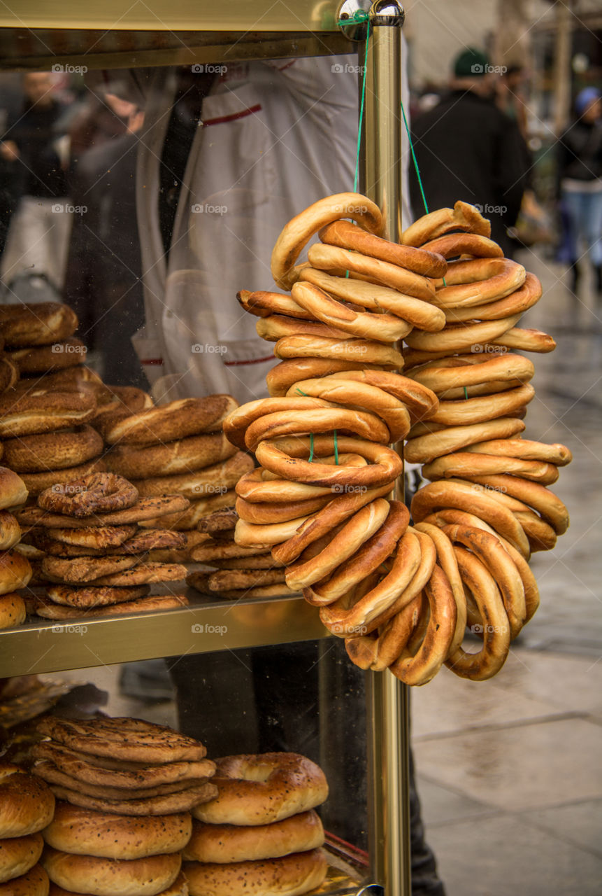 Fresh baked simits for sale from the simit cart in front of the Blue Mosque 
