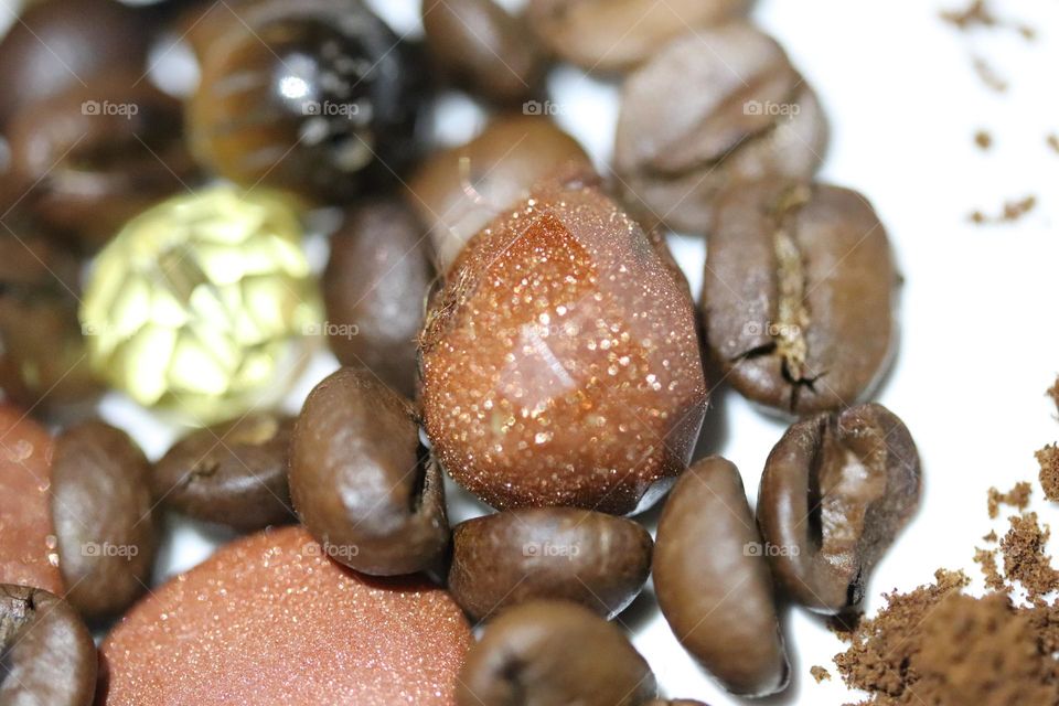 Semi-precious stones and coffee beans