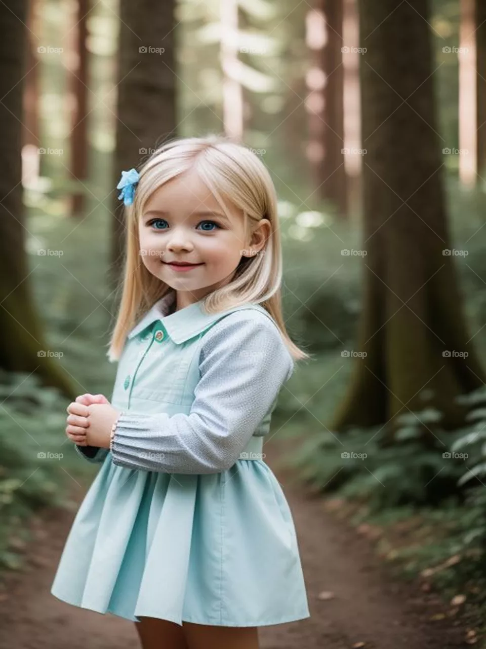 Beautiful blonde girl walking in the forest