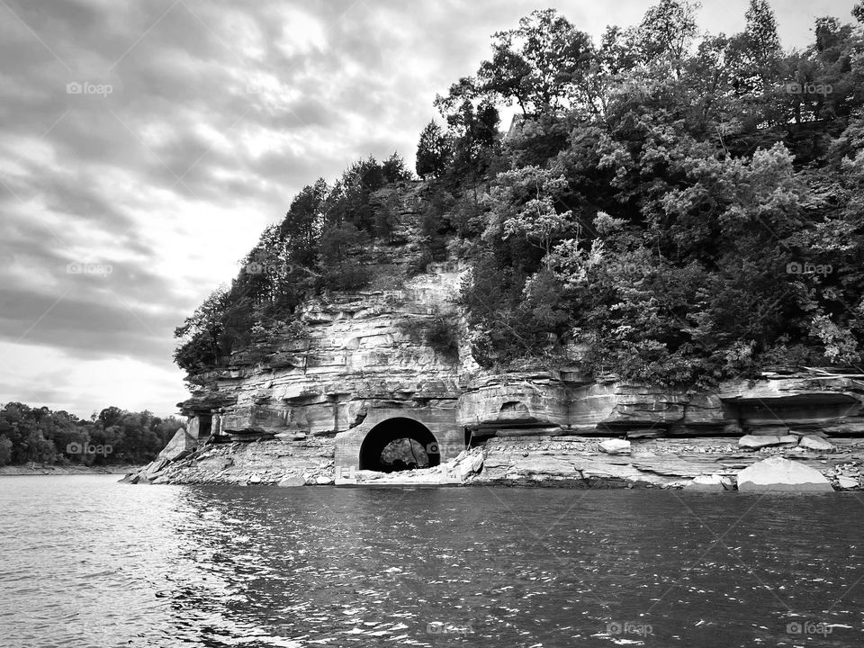 Black and white of a reminder of the abandoned town under the water