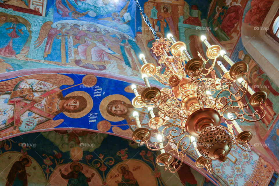 Chandelier and frescoes inside the Transfiguration Cathedral of the Saviour Monastery of St. Euthymius, Russia, Suzdal