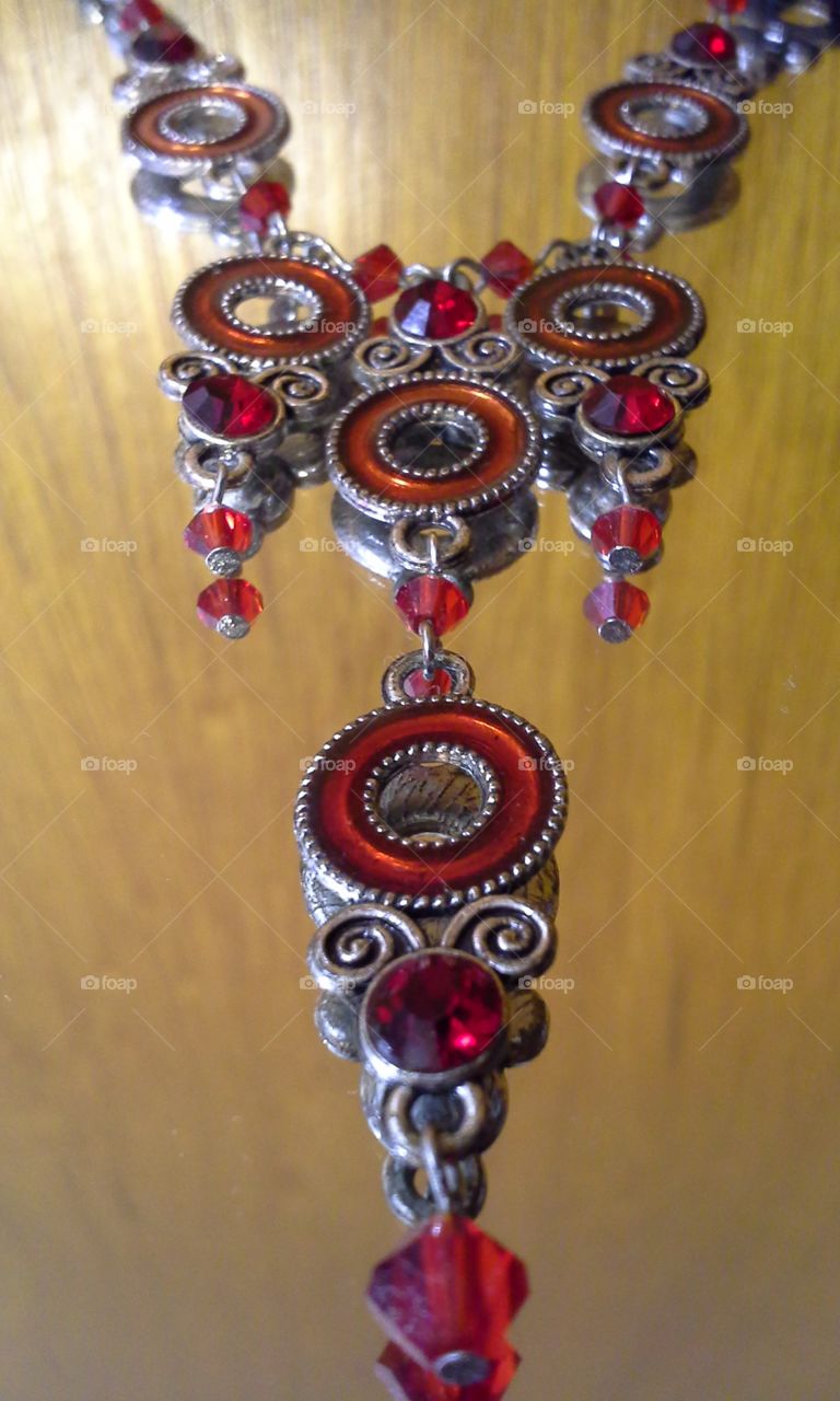 handmade red crystal necklace on mirror one of a kind silvertone