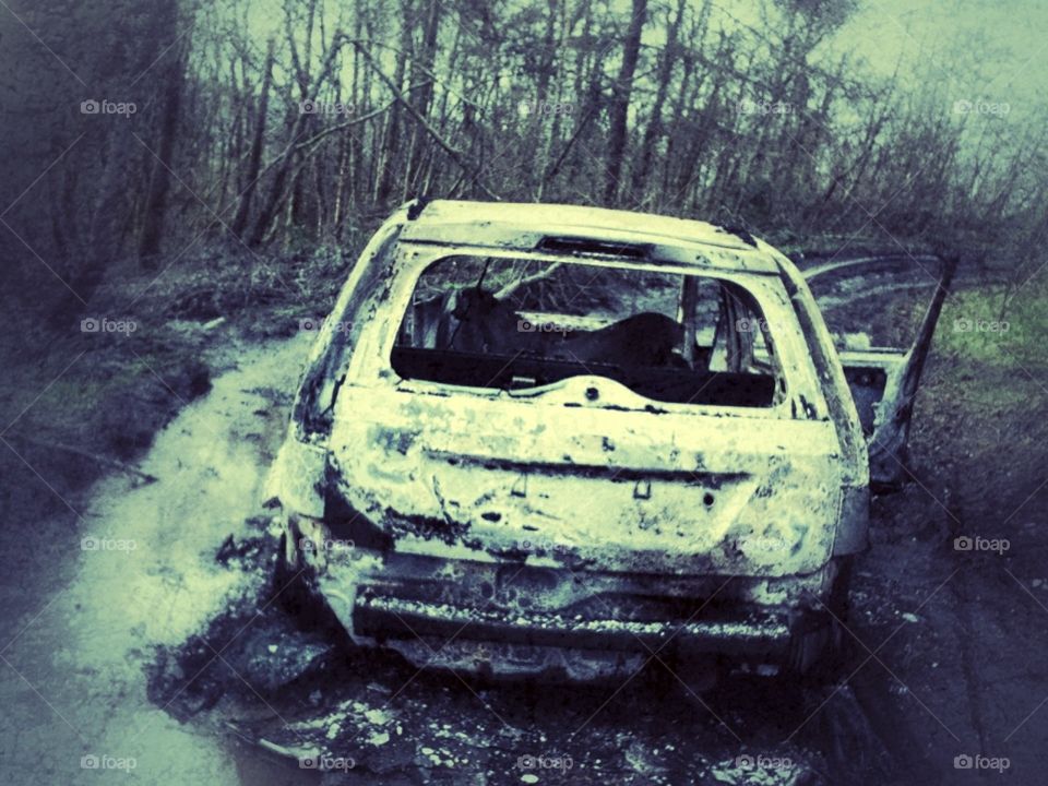 Abandoned/burnt out car - Abernant forestry, Aberdare, South Wales - February, 2018