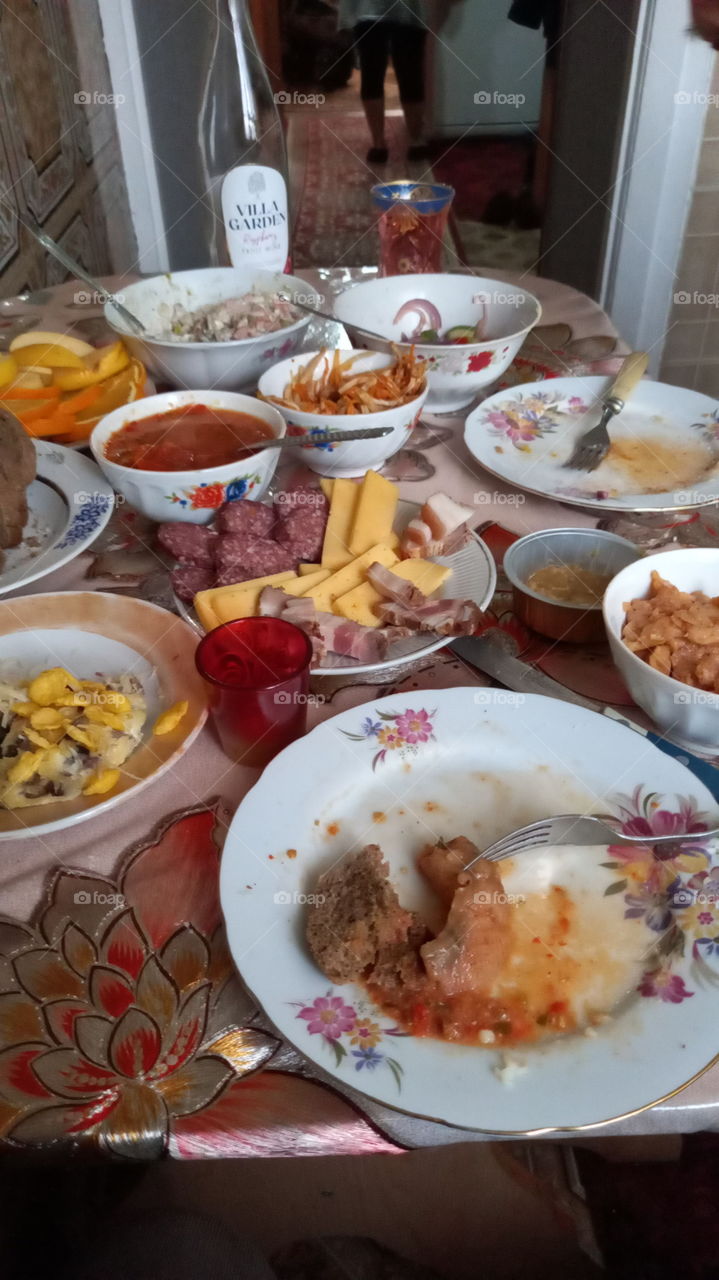Dinner table with dishes.