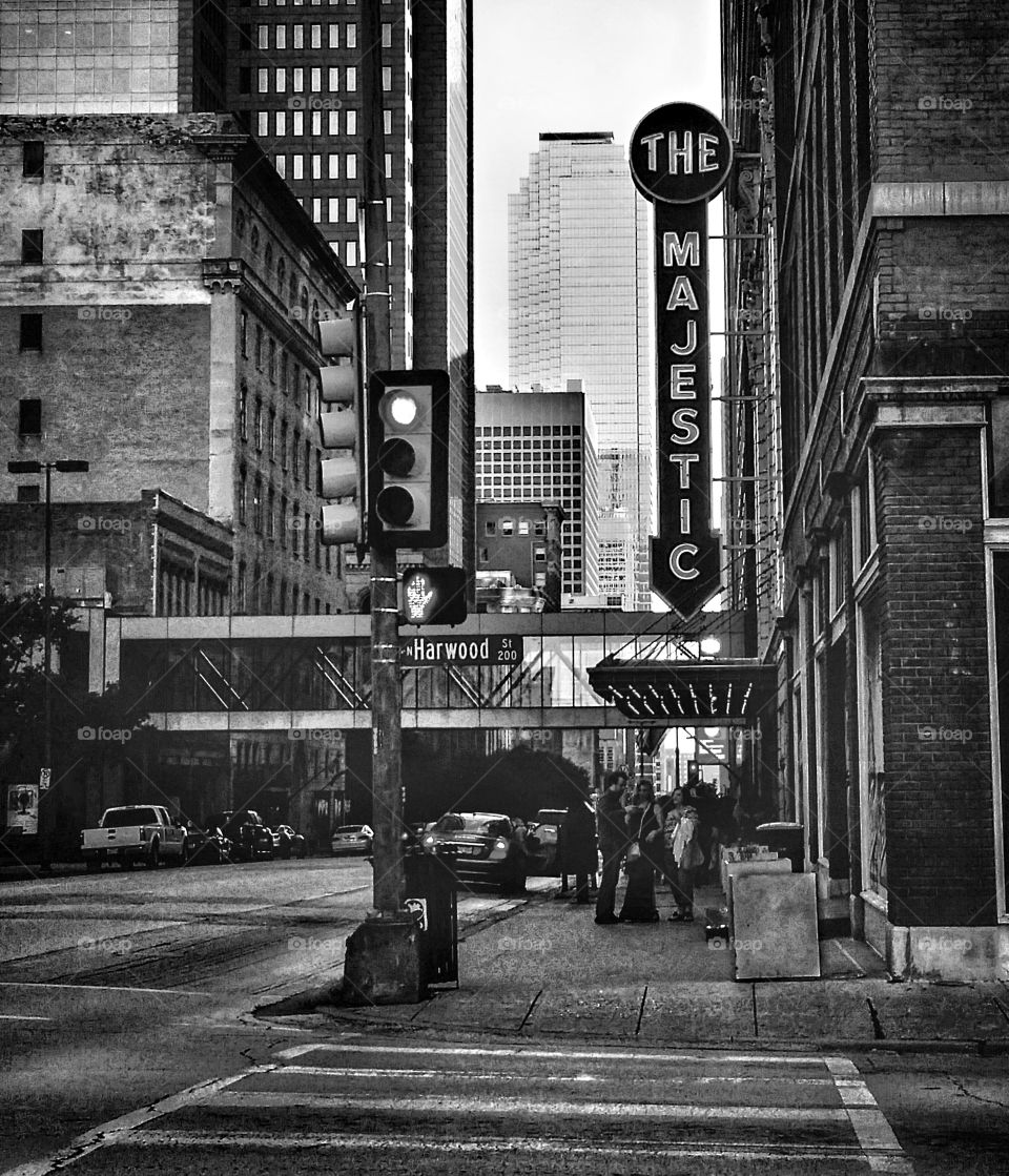 The Majestic Theater downtown Dallas Texas USA on Harwood Street in black and white