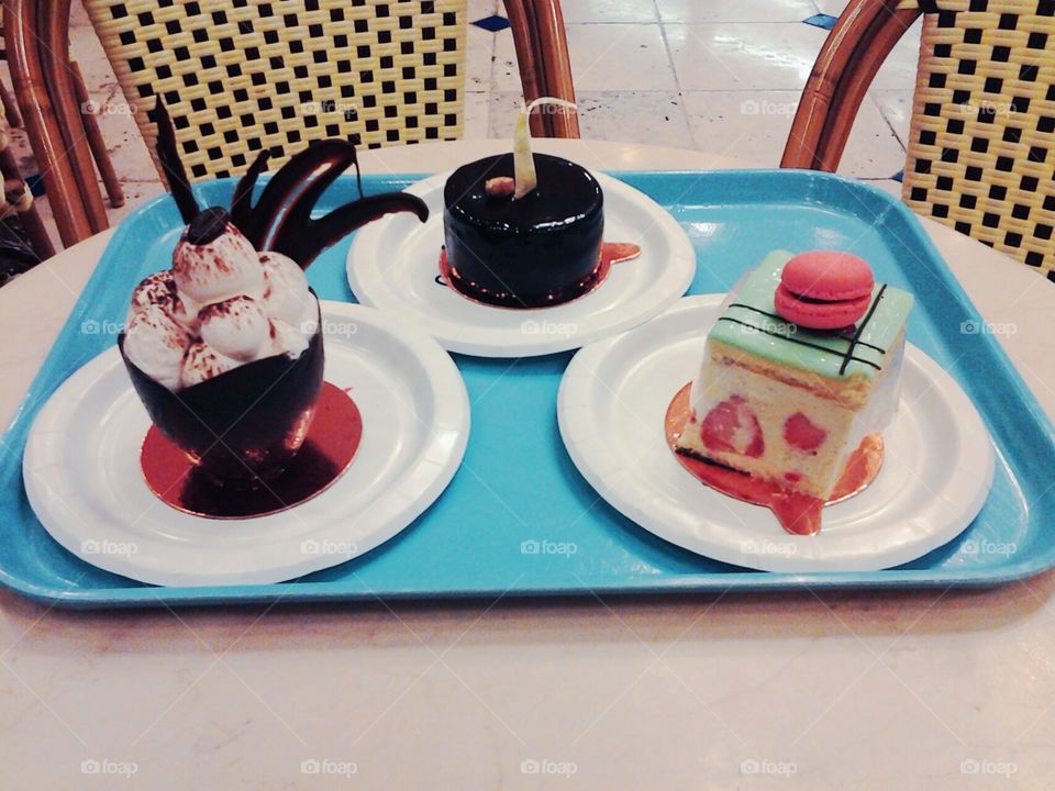 Bright Blue Tray with Colorful Desserts