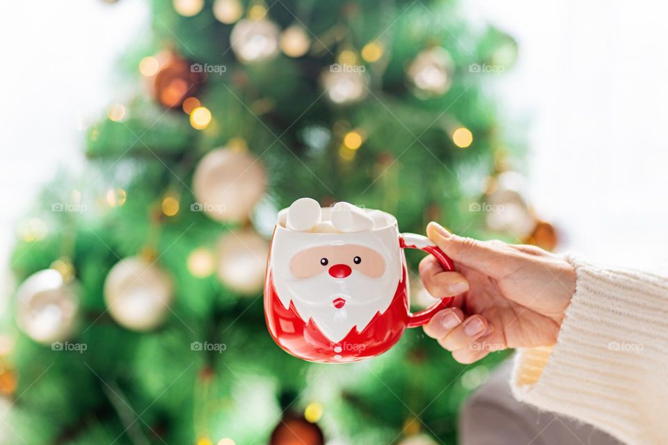 Woman holding cup of cocoa with marshmallow 