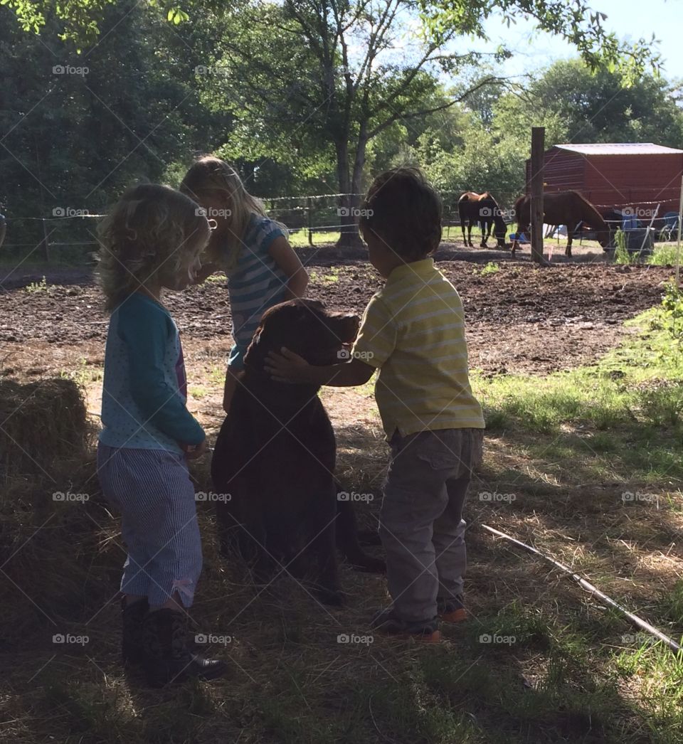 The twins and older sis playing with Choco on the farm