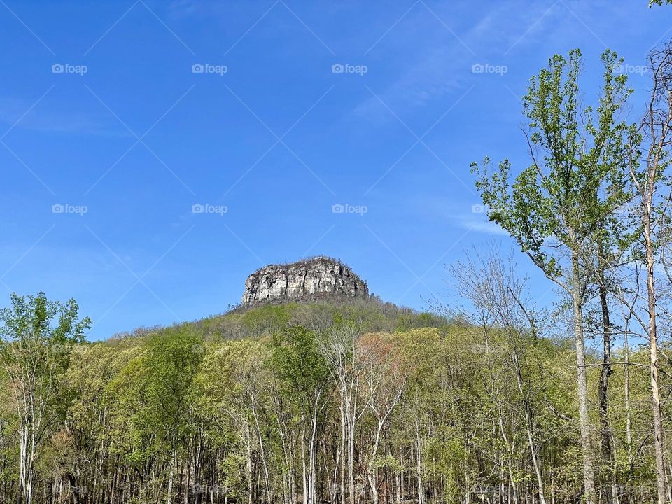 Scenic landscape of Pilot Mountain with clear blue sky 