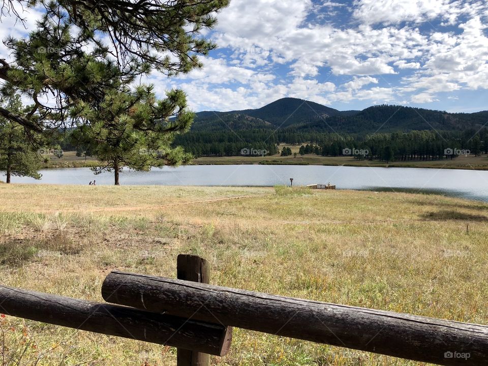 Colorado lake area portrait. Bright blue sky, clouds and a bit of peace.