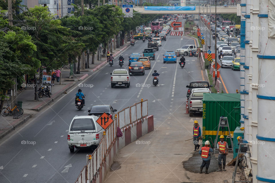 Construction of the BTS train in the road in Bangkok Thailand 