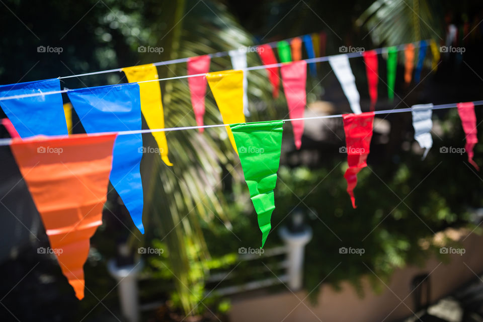 Colorful triangle flags decorating outdoor 