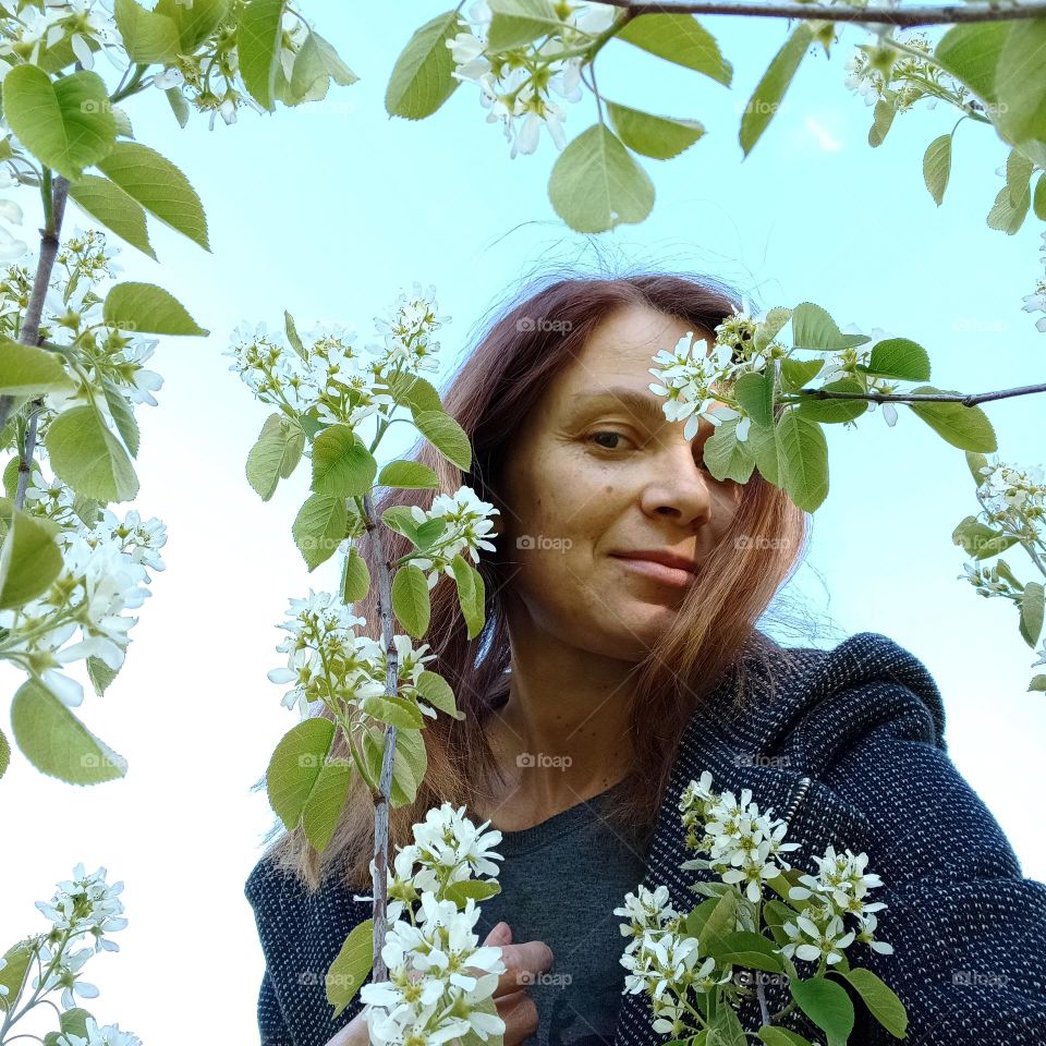 love spring time selfie woman with flowers blooming, nature lovers