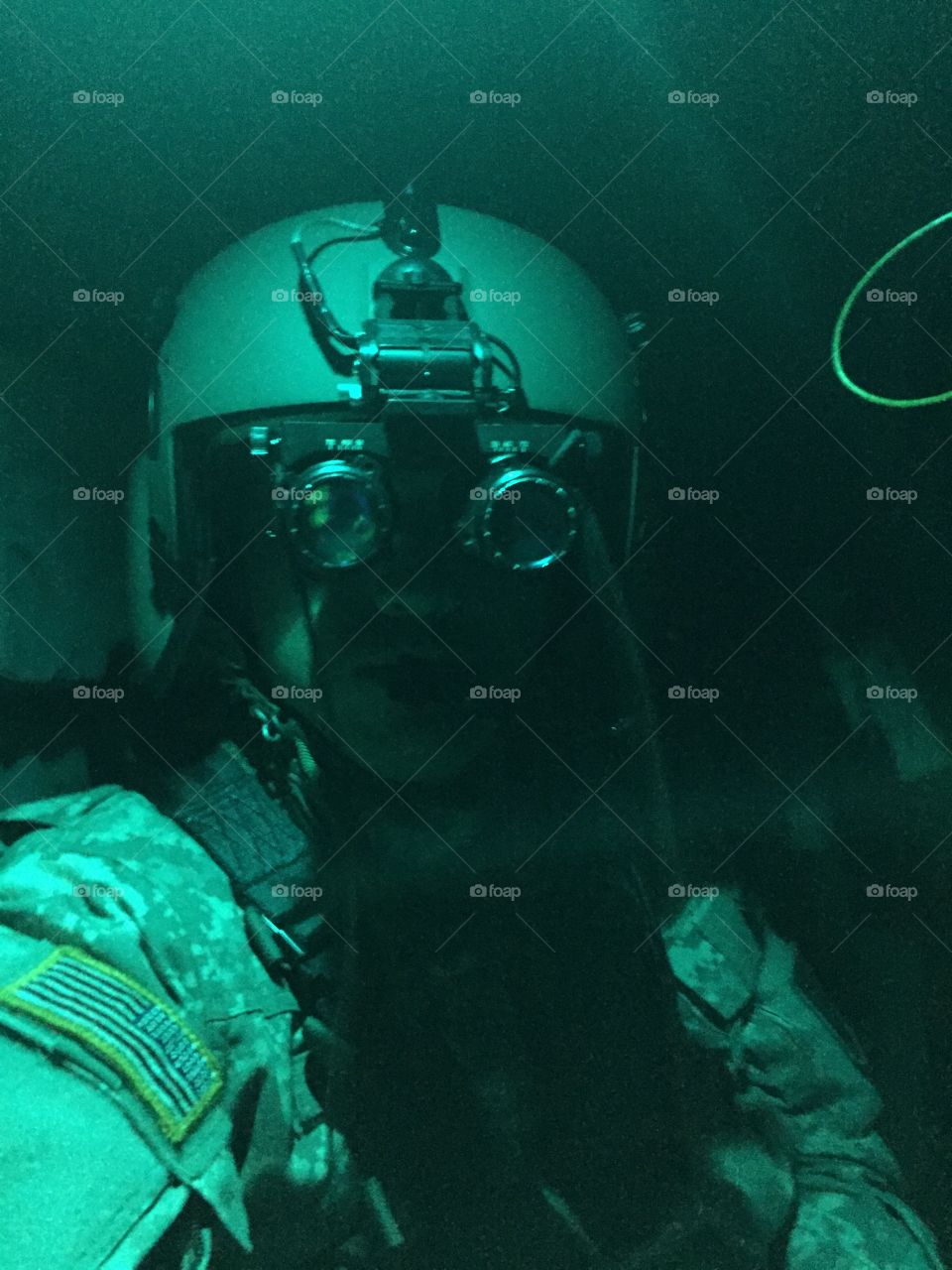 Night vision goggles during military flight training in the Blackhawk 