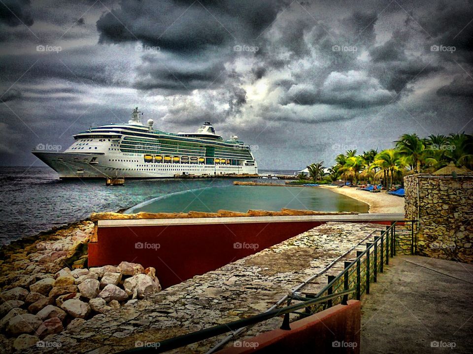 view of whole ship. docked in Curacao