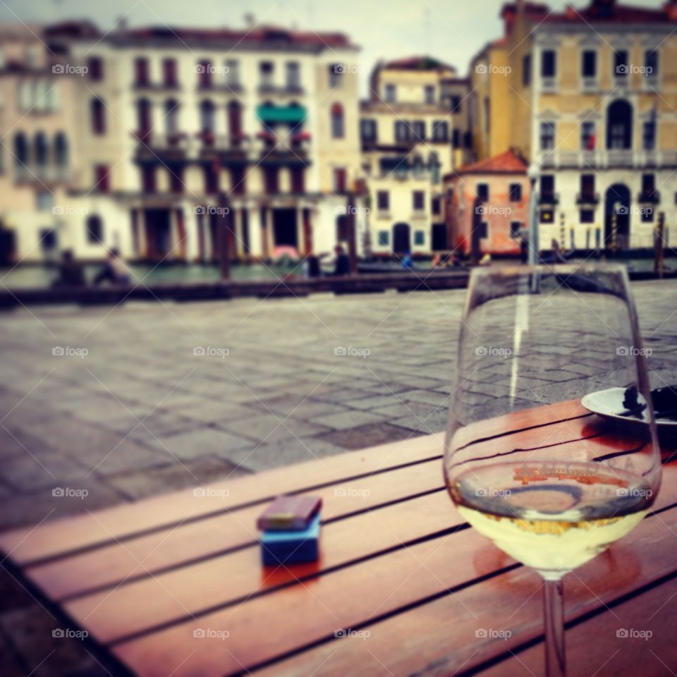 Wine on the Grand Canal. Relaxing in Venice with a glass of wine