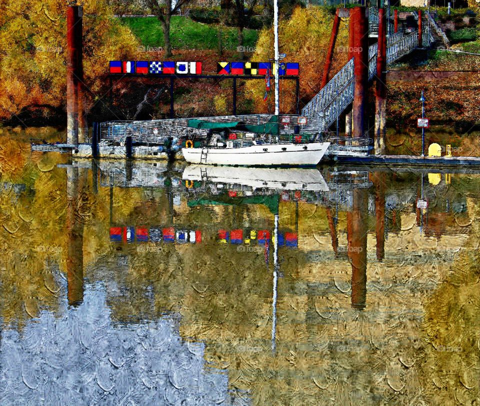 A digital oil painting of a boat docked on the riverfront in Sacramento California