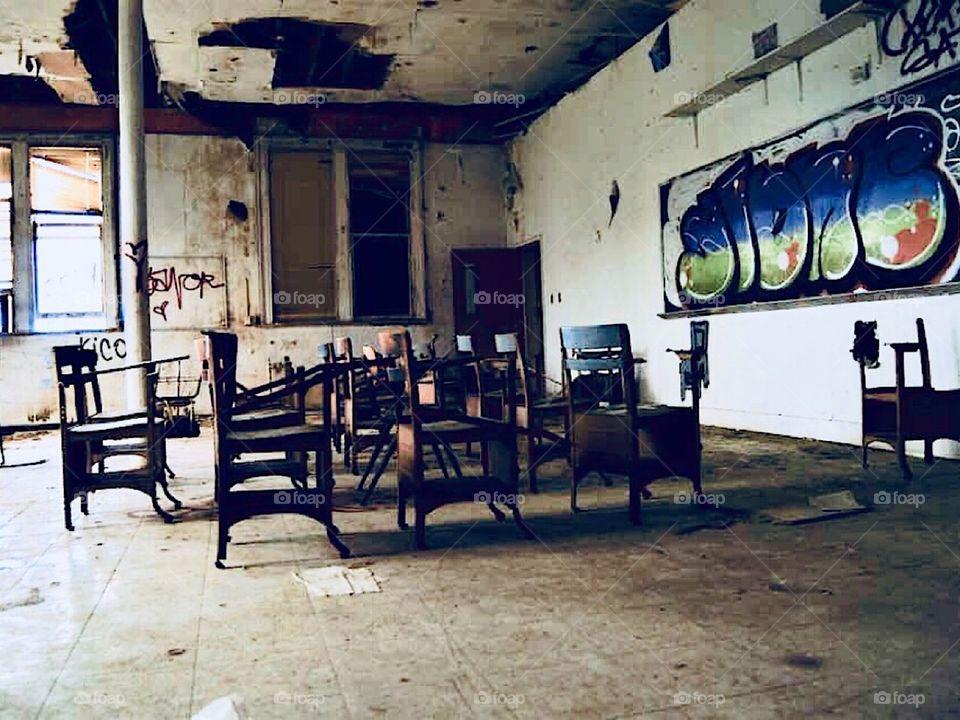 Abandoned classroom from flooding in Louisiana. 