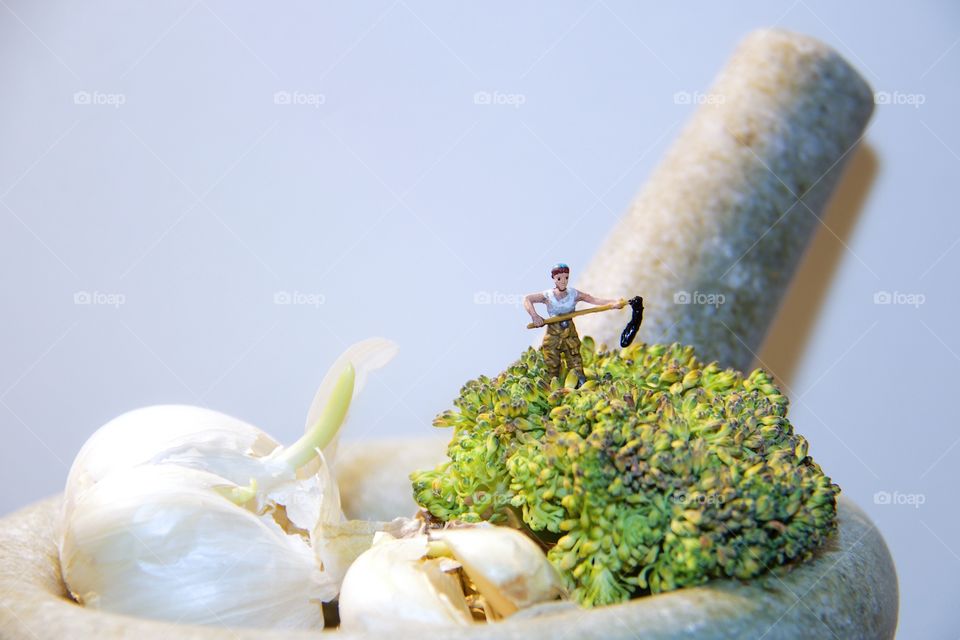 Close-up of miniatures toy and garlic