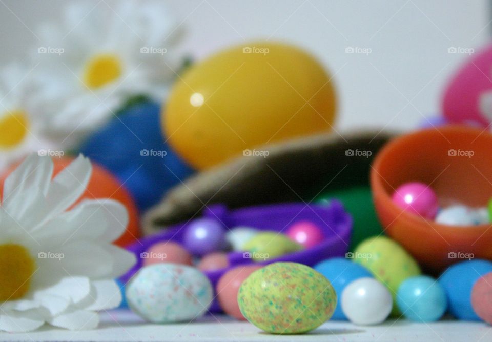 Easter Candy. A focus on the front malt ball with an Easter theme 