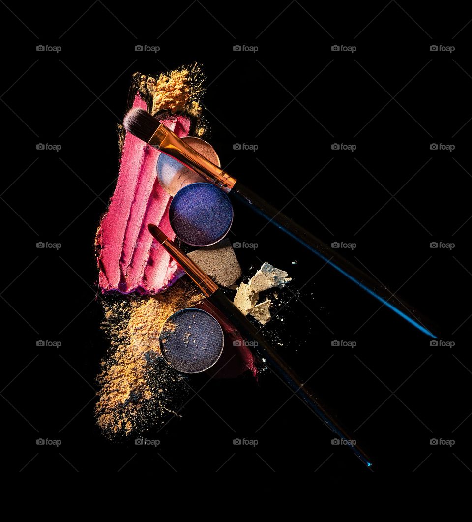 Makeup And Brushes On Black Background