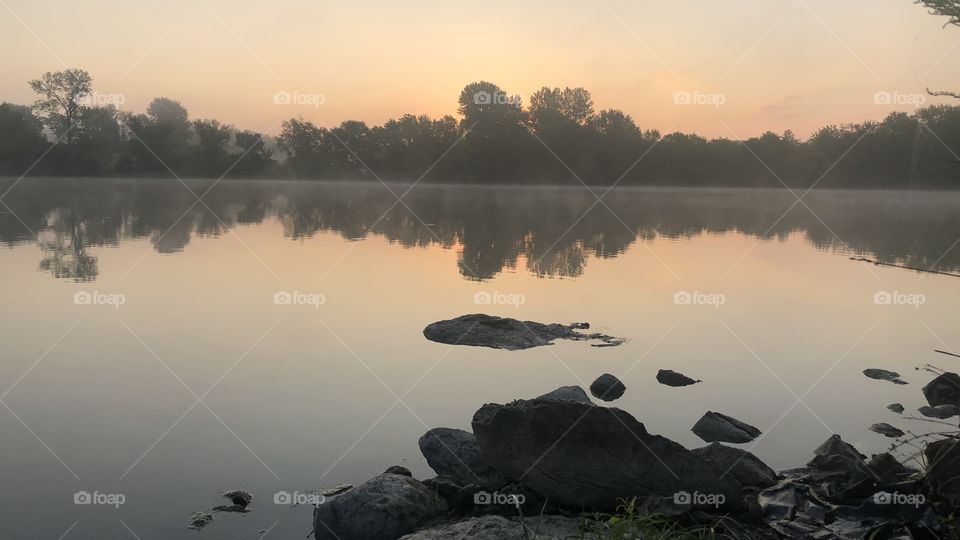 Misty Morning at Holiday Lake, misty, morning, fog, lake, water, sunrise, rock, rocks, tree, trees, reflection,