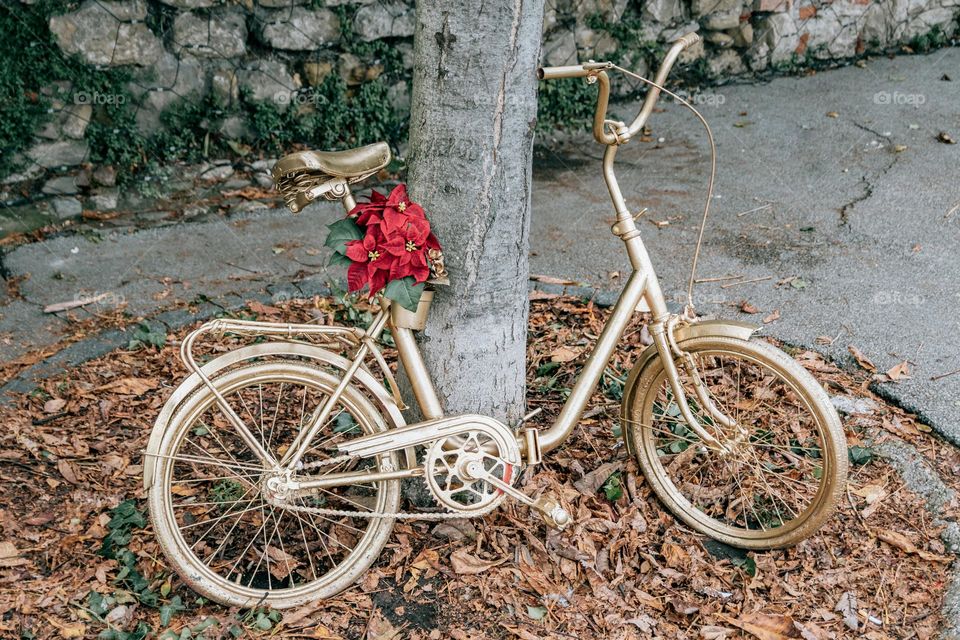 Gold painted vintage bicycle with a flower decoration leaning against a tree