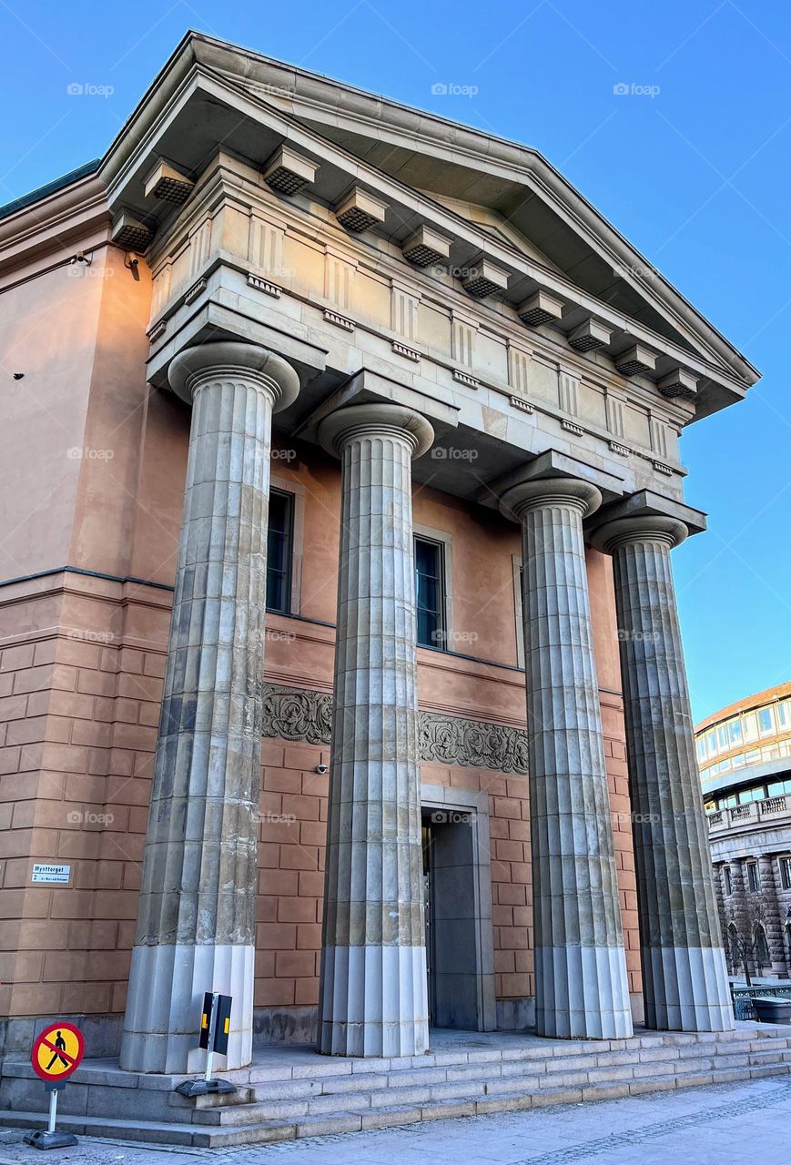 Side view of The former Swedish Government Chancellery Building with collonade