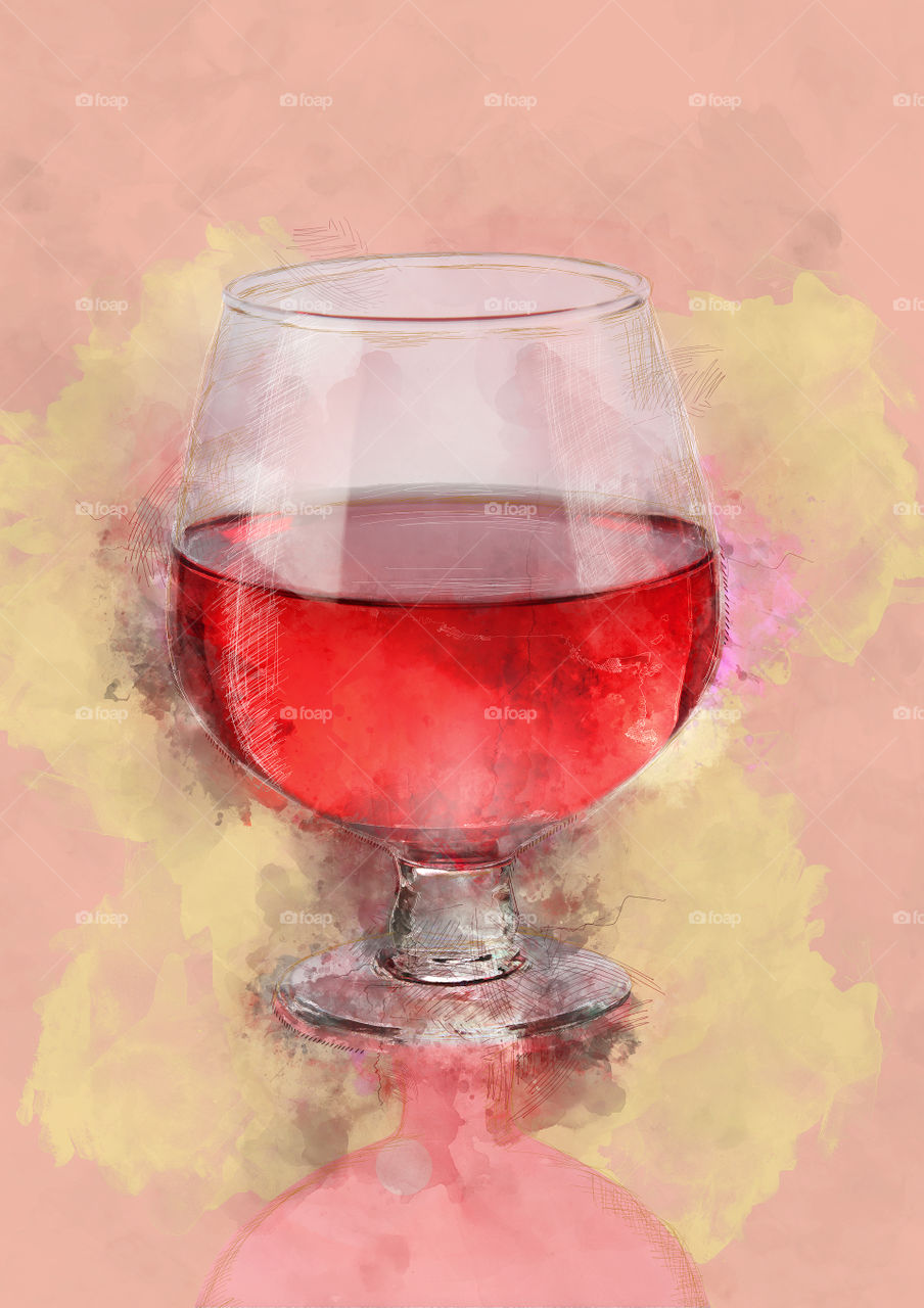 Painting of red wine glass on water color