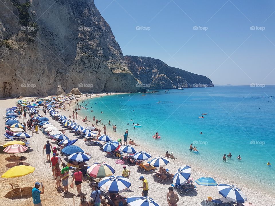 Porto Katsiki Lefkada. Beautiful blue water and white sand and rocks that gives the sea spectacular color