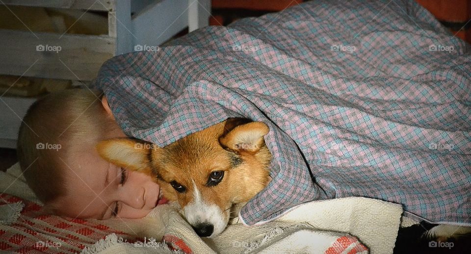 Cosy. Boy and a puppy