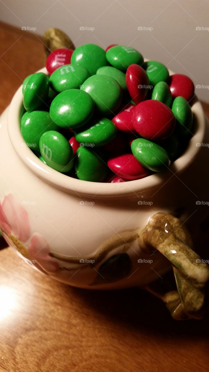 Sugar Bowl of m&m's . colorful candies in sugar bowl 