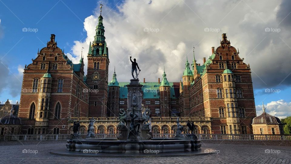 Neptune fountain with Fredericksborg castle in background, Hillrød, Denmark