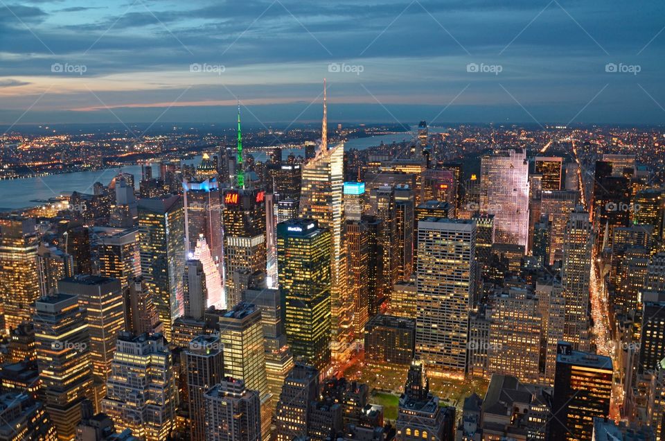 High angle view of illuminated manhattan at night