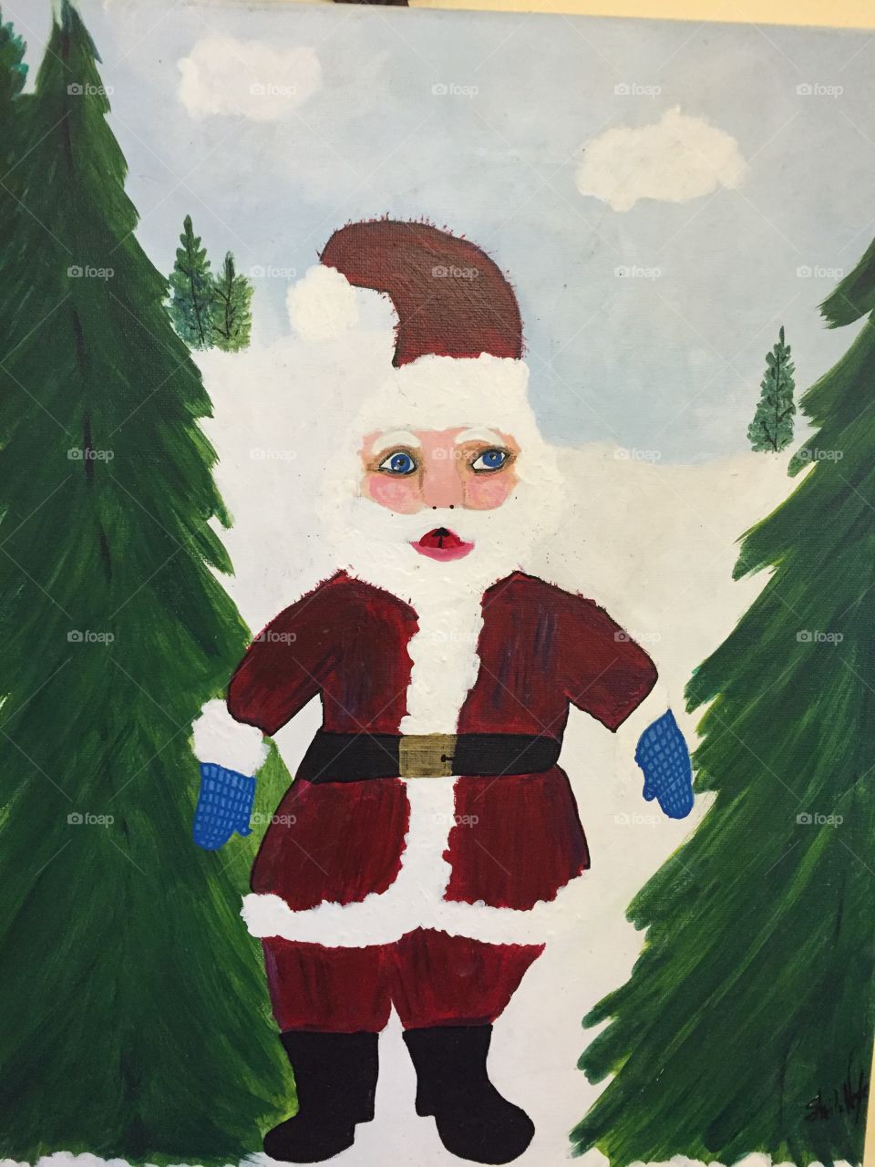 Whimsical Santa Clause painting done in Acrylic paint on canvas with snow and green trees.