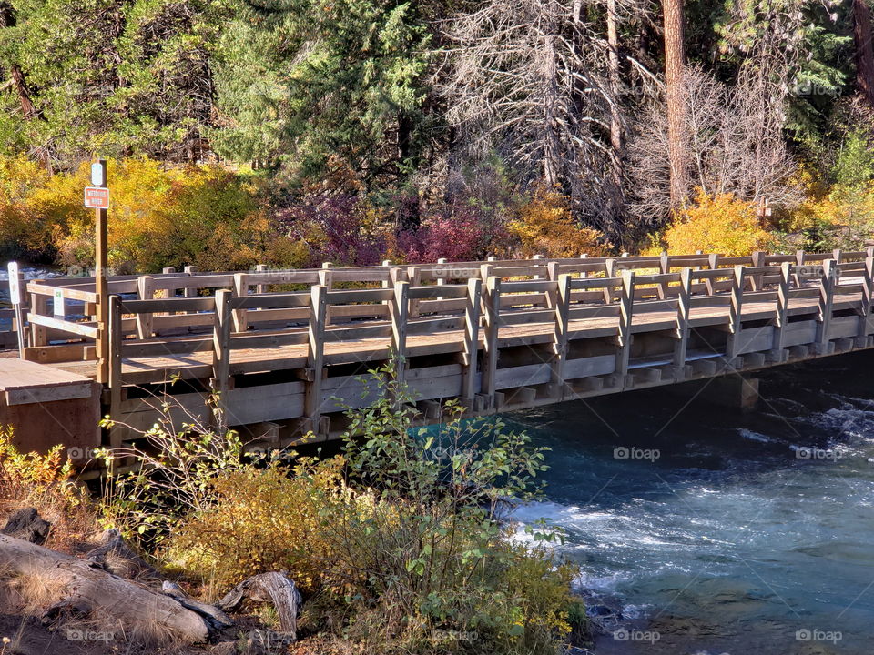 One-Lane bridge over the turquoise waters of the Metolius River at Wizard Falls with beautiful fall colors in the trees on its banks on a sunny Central Oregon autumn morning. 