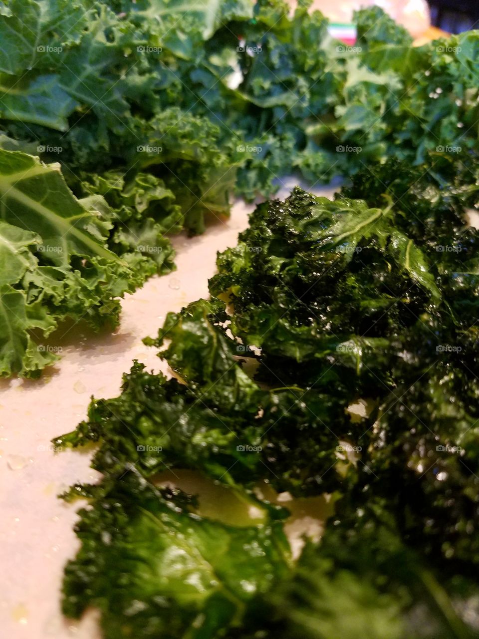 fresh raw kale alongside kale crispy chips, healthy diet.