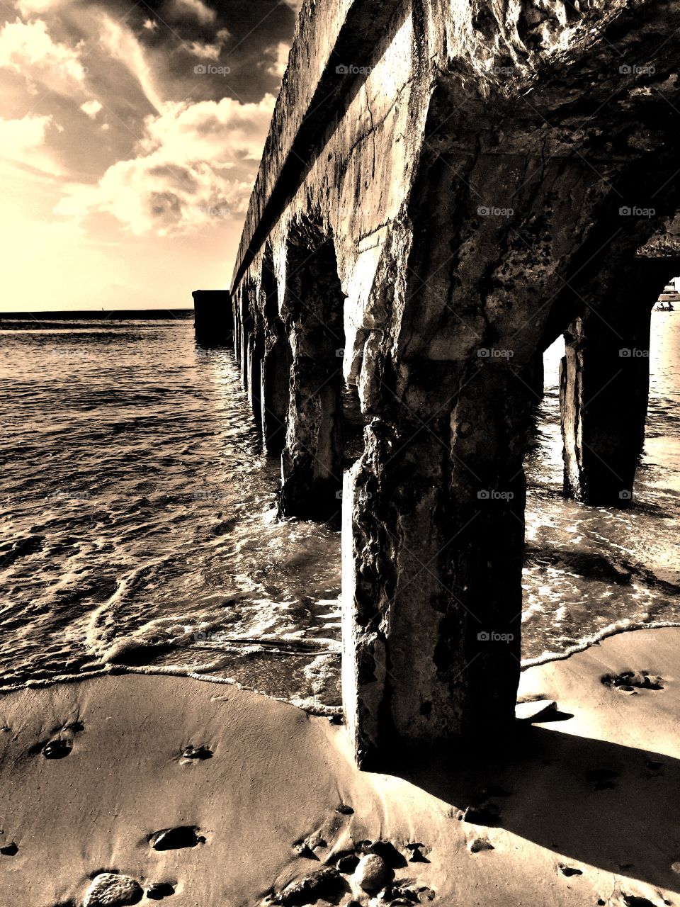 Pier at grand case, pier on the water, leading lines of the pier, sepia pier, calming pier