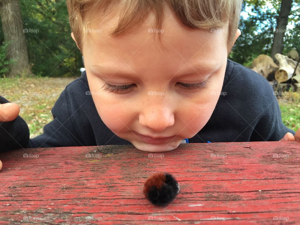 Mason studying the caterpillar. Day at the farm 