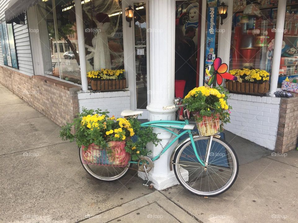 Colorful bicycle in front of country store