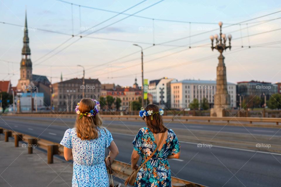 Riga, Latvia. Summer. Street photo. Two young ladies in the city.