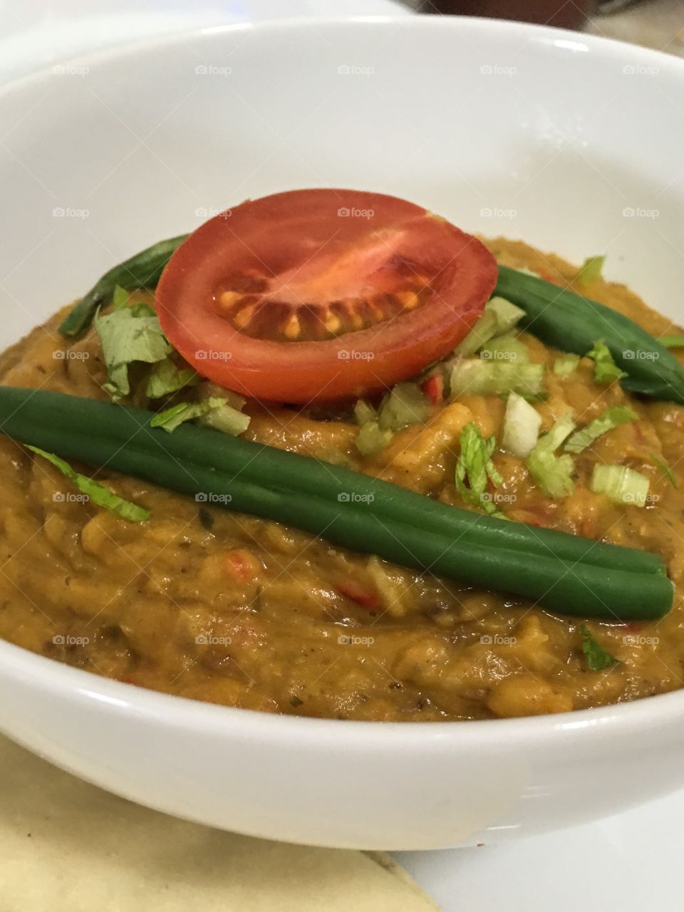 Homemade squash pumpkin lentil vegetable soup, vegetarian food