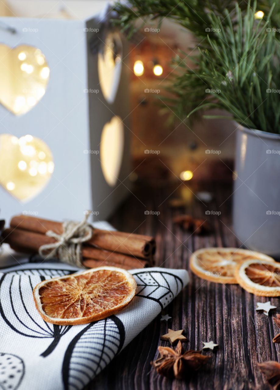 Christmas decor and dried oranges still life 