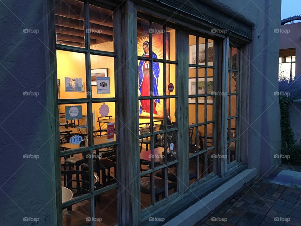 Looking through a café window at night, Santa Fe, New Mexico