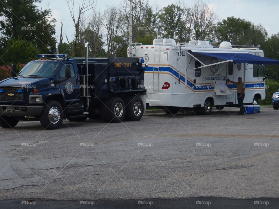 Police bomb truck and command post