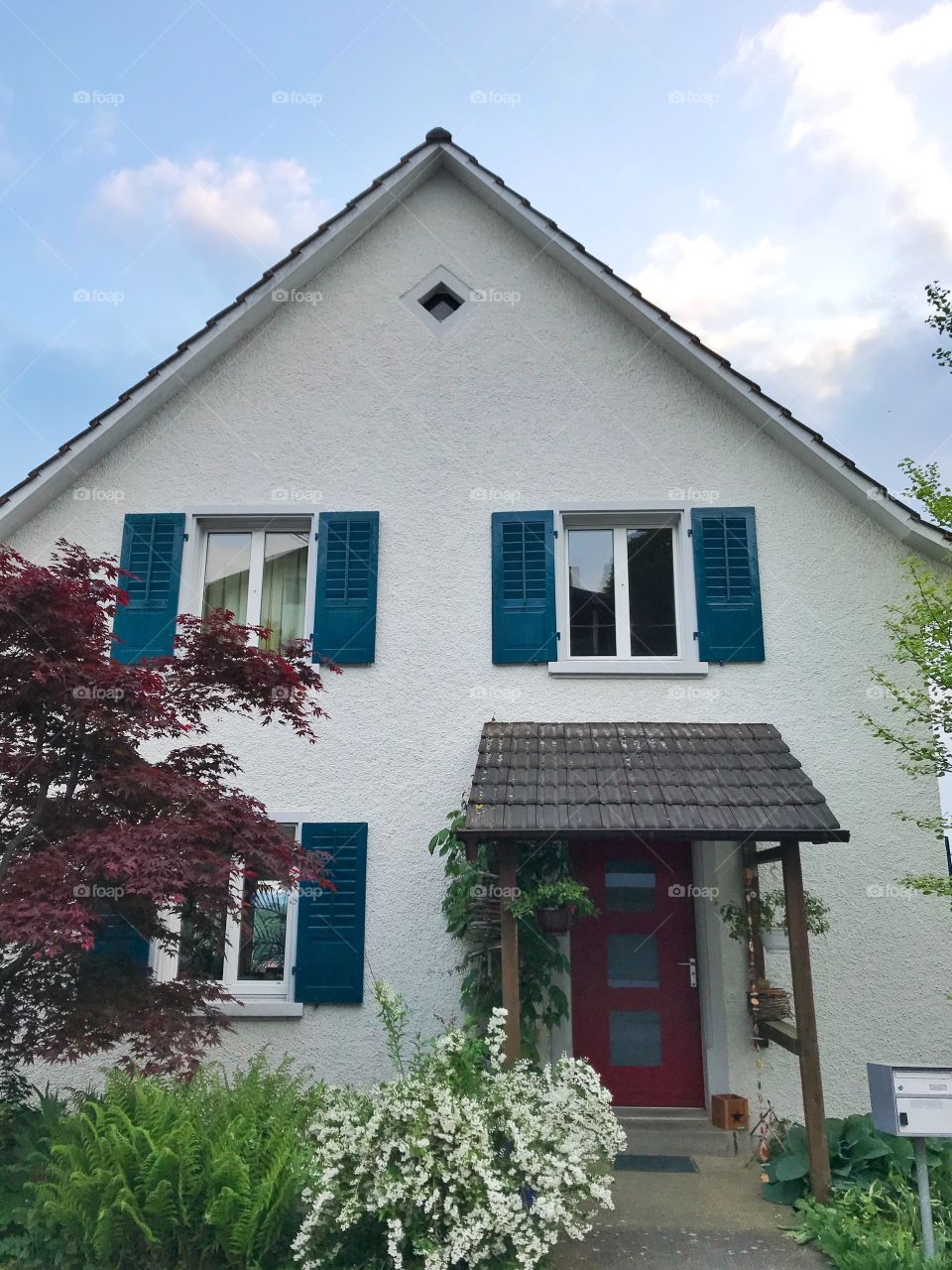 Flowering plants and maple tree in front of a house in Switzerland 