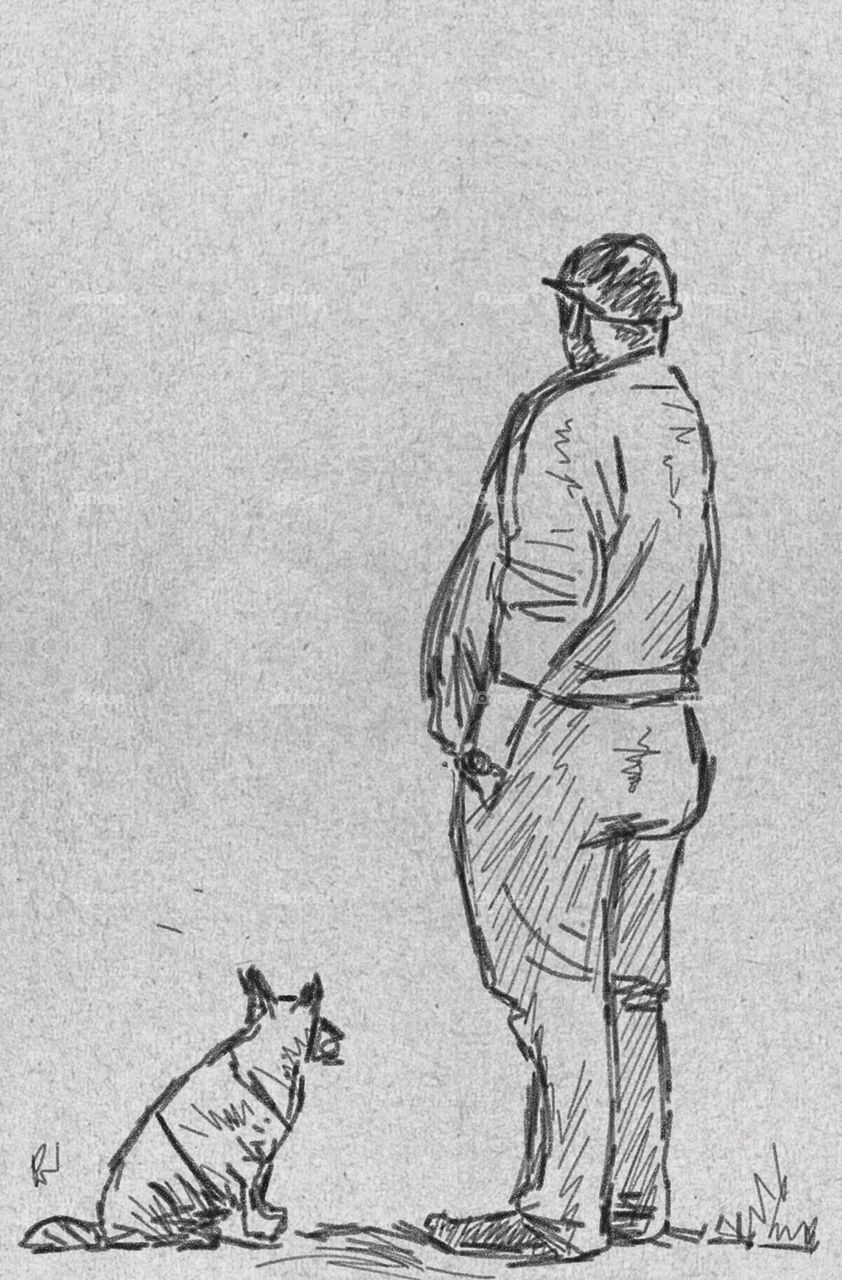 Man and dog. freehand sketching